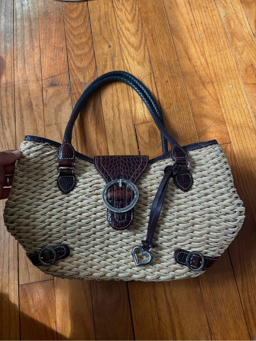 Woven Straw Tote with Dark Brown Trim and Heart Charm